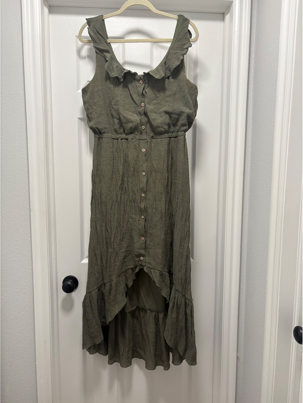 Cottagecore Luxology Olive Green Button-Front Ruffle Midi